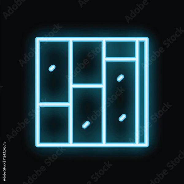 Fototapeta Blue neon locker glowing on a black wall, symbolizing school storage and organization