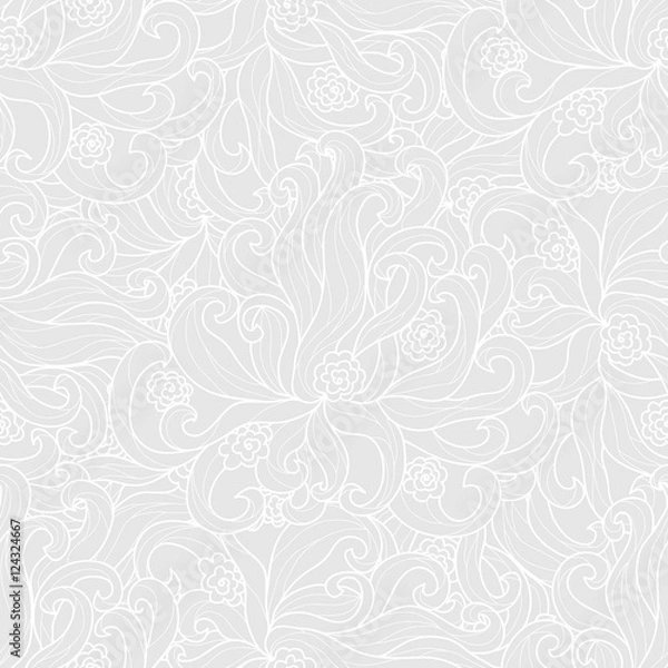 Fototapeta Fancy abstract hand drawn doodle repeating seamless pattern on light grey background. Vector illustration.