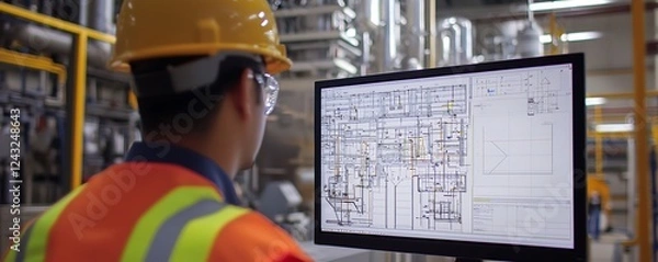 Fototapeta Over-the-shoulder shot an engineer working with CAD software on a desktop, showing technical details and designs in an industrial facility