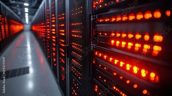 Fototapeta Close-up view of illuminated server racks in a high-tech data center showcasing operations