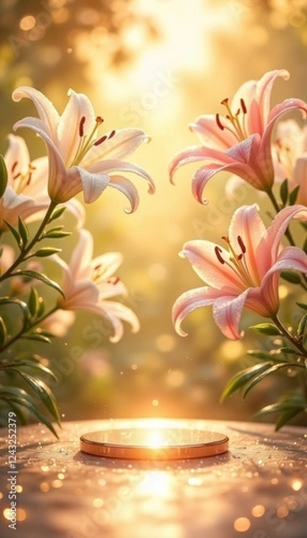 Fototapeta Luxurious background in lily garden at sunset, empty podium display for product presentation on marketplace, organic, spa, health, cosmetic, beauty 