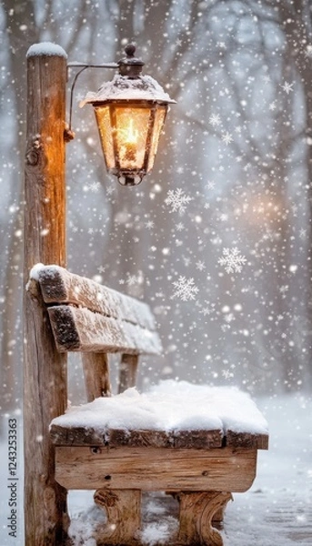 Fototapeta Snow-covered bench and lamp post in a winter wonderland.  A peaceful scene of falling snow.