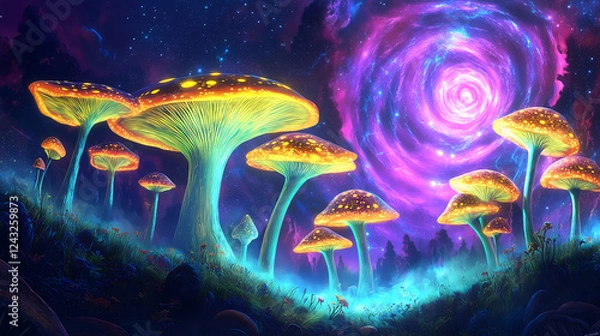 Fototapeta Glowing Psychedelic Mushrooms Under a Cosmic Spiral