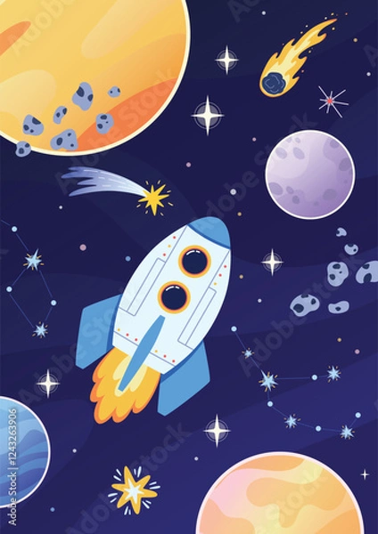 Obraz Space travel, exploration of the universe. Flight of a space rocket in the galaxy among planets and stars. Vector illustration