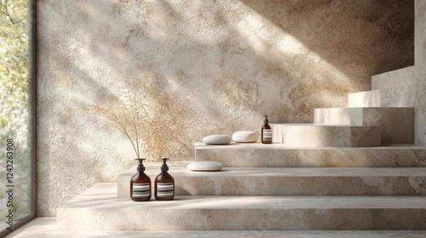 Fototapeta Realistic 3D render of cosmetics on three stones podium against a stone wall background, modern minimal beauty design 