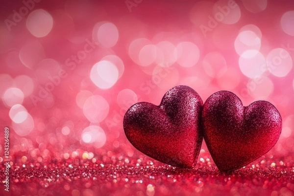Fototapeta Two red hearts glitter Valentines bokeh background