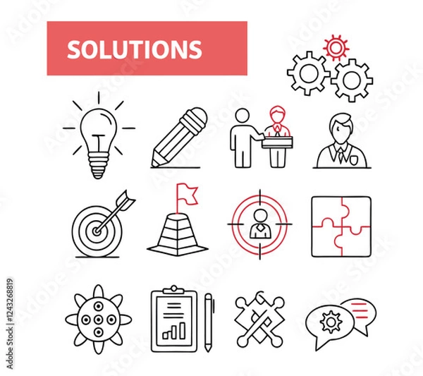 Fototapeta Solution thin line icon vector set. Containing problem solving, light bulb, idea, strategy, creativity, innovation, meeting, teamwork, connecting, management, puzzle, creative, invention,