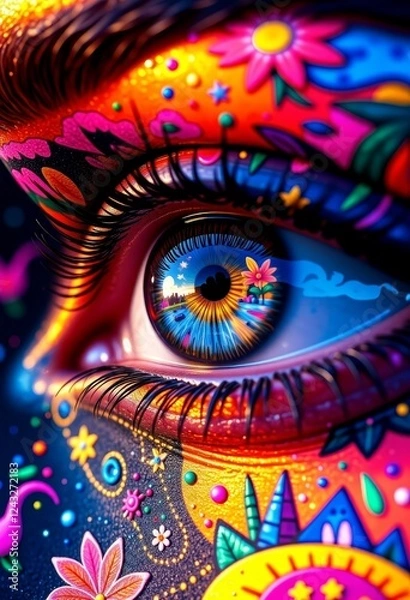 Fototapeta Vivid Eye Patterns Reflecting Surreal Landscapes and Whimsical Creatures, Photorealistic 8K Creative Fantasy Art for Subconscious Exploration, Vaporwave Aesthetic with Copy Space
