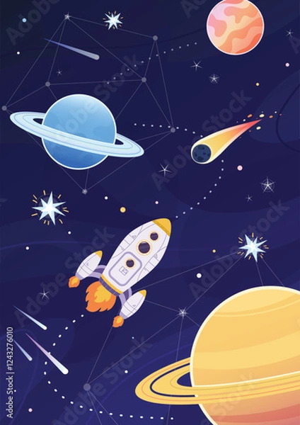 Obraz Flight of a space rocket in the galaxy among planets and stars. Space travel, exploration of the universe, new extraterrestrial discoveries. Vector illustration