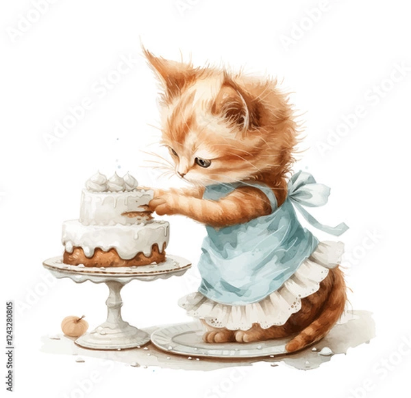 Fototapeta Cute cat with cake, For kids birthday party Print for invitation card Poster template Watercolor style, vector