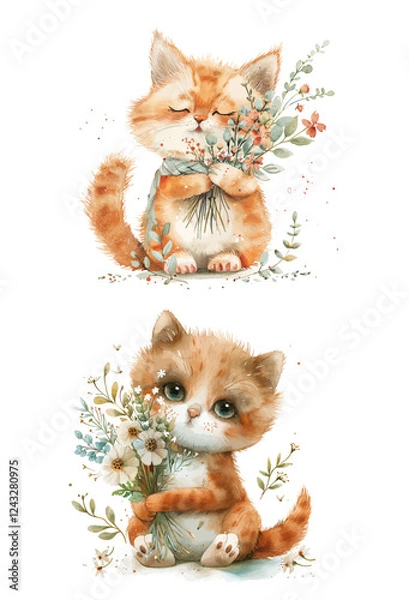 Fototapeta Cute Cat With flower. Lovely kitten isolated on white.