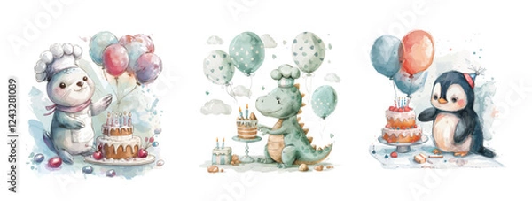 Fototapeta Set of cute animals with numbers and balloons, For children's birthday party kids Print for invitation card Poster template Watercolor style, vector