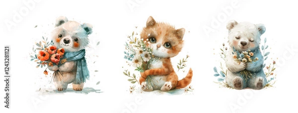 Fototapeta Cute animals with flowers. Cute kitten on white background. For kids birthday party Invitation card print Watercolor style poster template