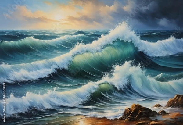 Obraz A painting of a stormy sea with large waves crashing against rocks