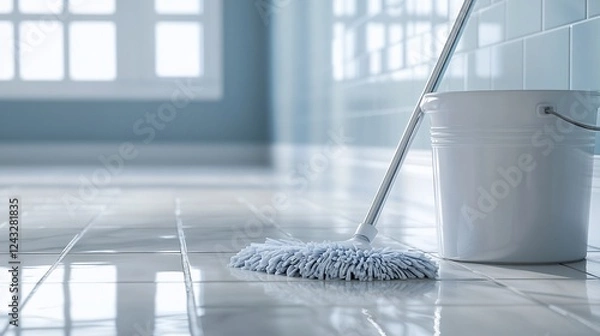 Obraz Clean mop, bucket, tiled floor, bright restroom