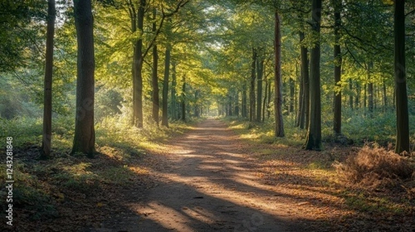 Fototapeta A quiet forest path with sunlight filtering through tall trees, creating a serene and peaceful environment for relaxation and mindfulness practice.