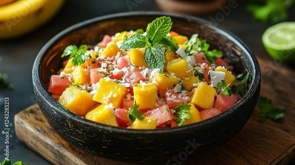 Fototapeta A bowl of tropical fruit salad with mango, papaya, coconut, and banana, drizzled with lime juice and served on a wooden table.