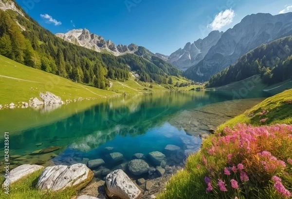 Fototapeta A stunning mountain lake with crystal clear water surrounded by colorful mountains