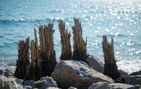 Fototapeta A beach with stumps and stones in the foreground and the ocean in the background, with a vibrant sunset sky
