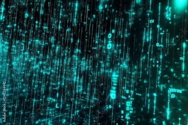 Obraz A digital rain effect with neon blue-green code symbols. 