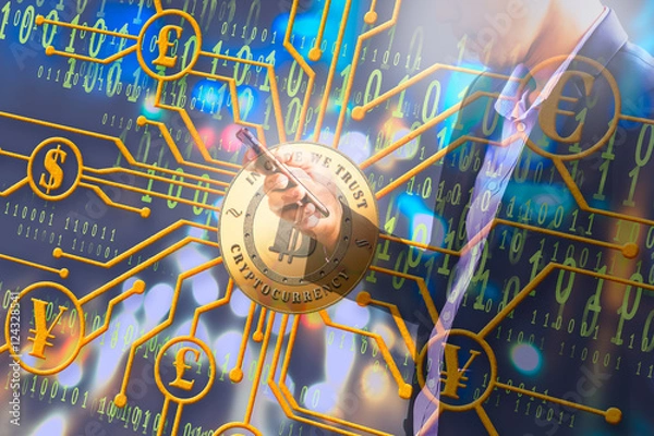 Fototapeta Fintech and digital money concept. Business man using smart phone and bitcoin connection diagram on screen.