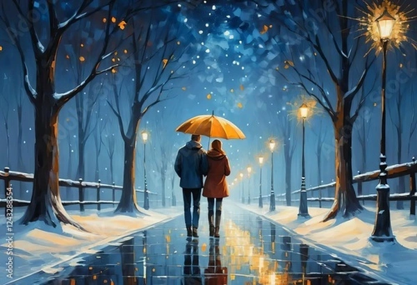 Fototapeta A romantic painting of a couple walking under a glowing umbrella in a starry night