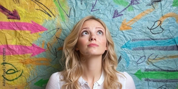 Fototapeta A Crossroads of Choices: A thoughtful woman gazes upward, surrounded by a vibrant array of colorful arrows pointing in different directions.
