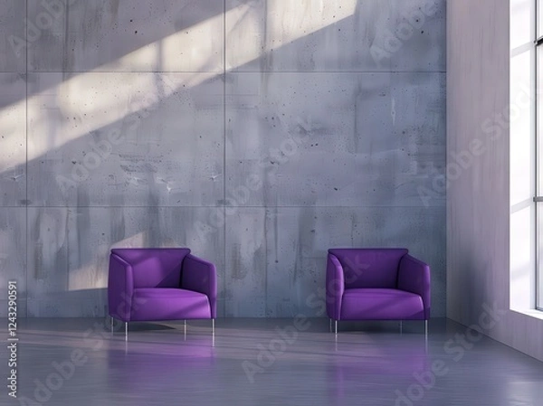 Fototapeta Two purple armchairs in a minimalist room with a concrete wall and large window