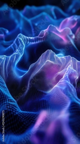 Fototapeta Abstract holographic waves in shades of blue and purple. Sci-fi digital landscape