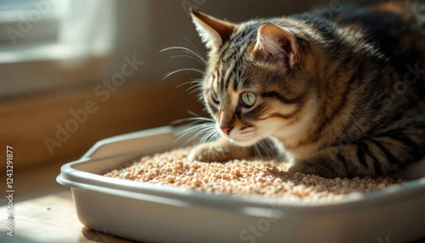 Fototapeta Tabby cat relaxing in sunlit litter box