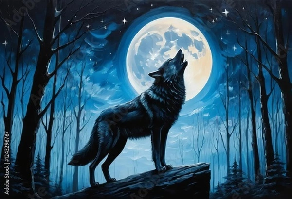 Fototapeta An oil painting of a black wolf howling at the moon in a forest at night