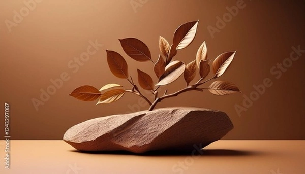 Fototapeta minimalist sculpture of a mocha plant on top of a rock with a brown background leaves and twigs appear to be floating in the air