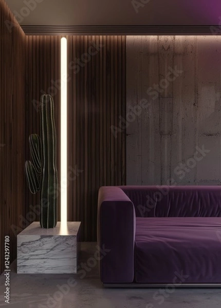 Fototapeta A modern living room with a purple sofa. a tall cactus plant. and a sleek. minimalist design