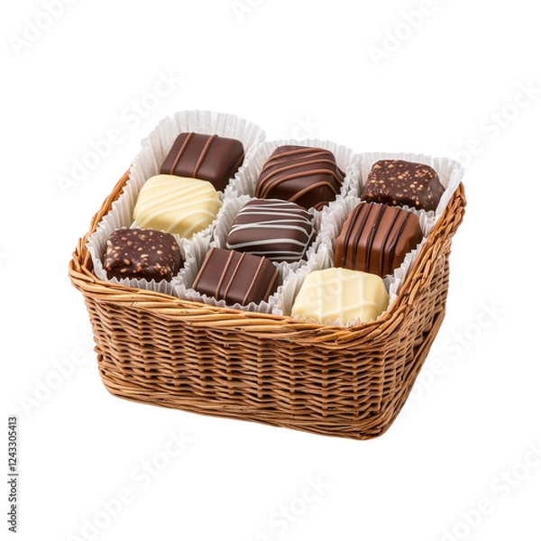 Fototapeta Delicious assorted chocolates in a wicker basket on a white background.