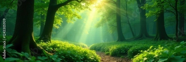 Fototapeta Lush greenery of a dense forest with sunlight filtering, forest, greenery, woodland