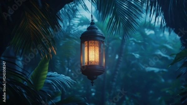 Fototapeta Glowing lantern hangs in tropical rainforest at night