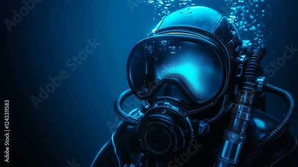 Obraz ヘルメットを装着したダイバーの深海探査—青い光に包まれた神秘的な水中シーン