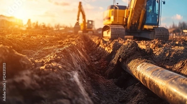 Obraz Construction activity at sunset with heavy machinery operating on site