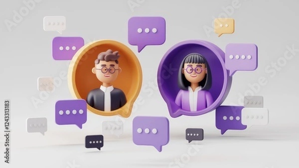 Fototapeta 3d rendering of a man and woman  in conversation with speech bubbles surrounding them, representing online communication.  The man is in an orange circle with a light purple background.