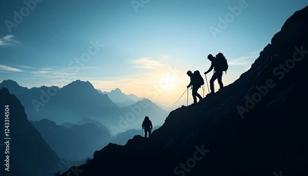 Obraz Silhouette of climbers who climbed to the top of the mountain thanks to mutual assistance and teamwork