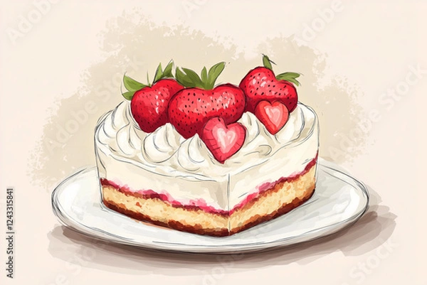 Obraz Strawberry cake with heart-shaped toppings on a white plate
