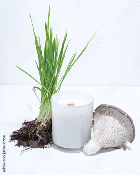 Fototapeta White candle of wax with a wooden wick on a white background, next to grass and mushroom, symbolizing the aroma of a candle