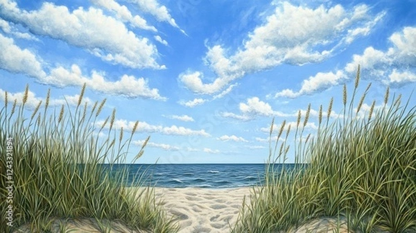Obraz A serene coastal dune ecosystem with tall grasses waving in the breeze.