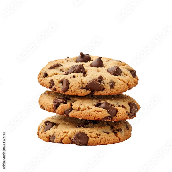 Fototapeta Three delicious chocolate chip cookies stacked on a white isolate background.