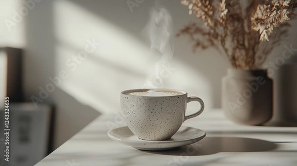 Fototapeta A steaming cup of cappuccino with latte art on a saucer, resting on a clean white surface with minimalistic style.