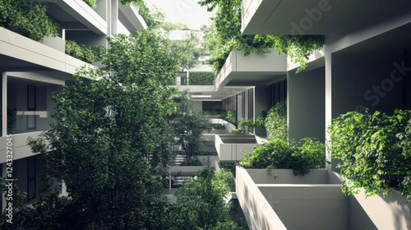 Obraz Contemporary condo design emphasizing green living with lush greenery and modern architecture. serene environment promotes sustainability and harmony with nature