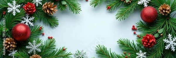 Fototapeta evergreen branches intertwined with snowflakes and pinecones, festive wreath, holiday wreath