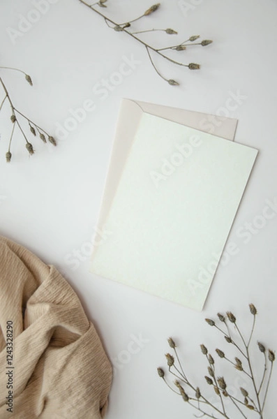 Fototapeta Blank paper card on white background with dried plants and wavy beige fabric, top view. Boho mock-up scene with greeting card template