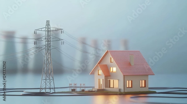 Obraz modern house model with innovative architecture near power line, showcasing energy efficiency and connectivity. scene evokes sense of harmony between home and technology
