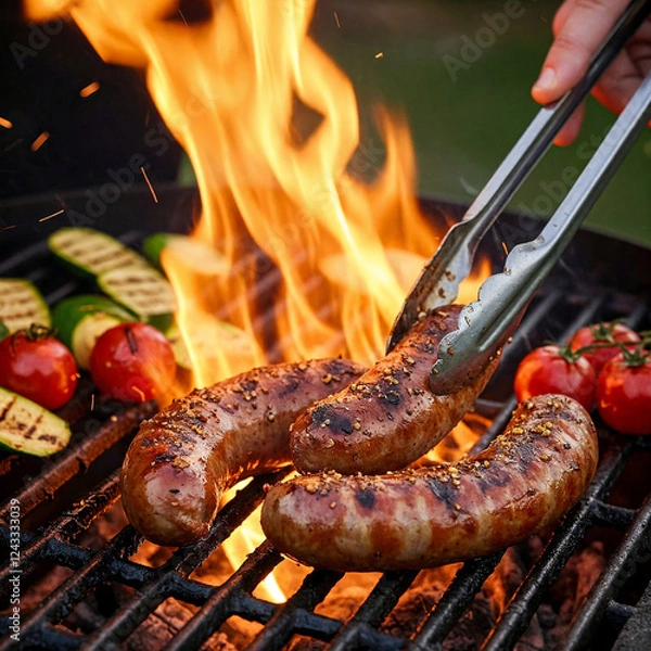 Fototapeta Grilled juicy sausages on a grill with fire. Shallow depth of field
